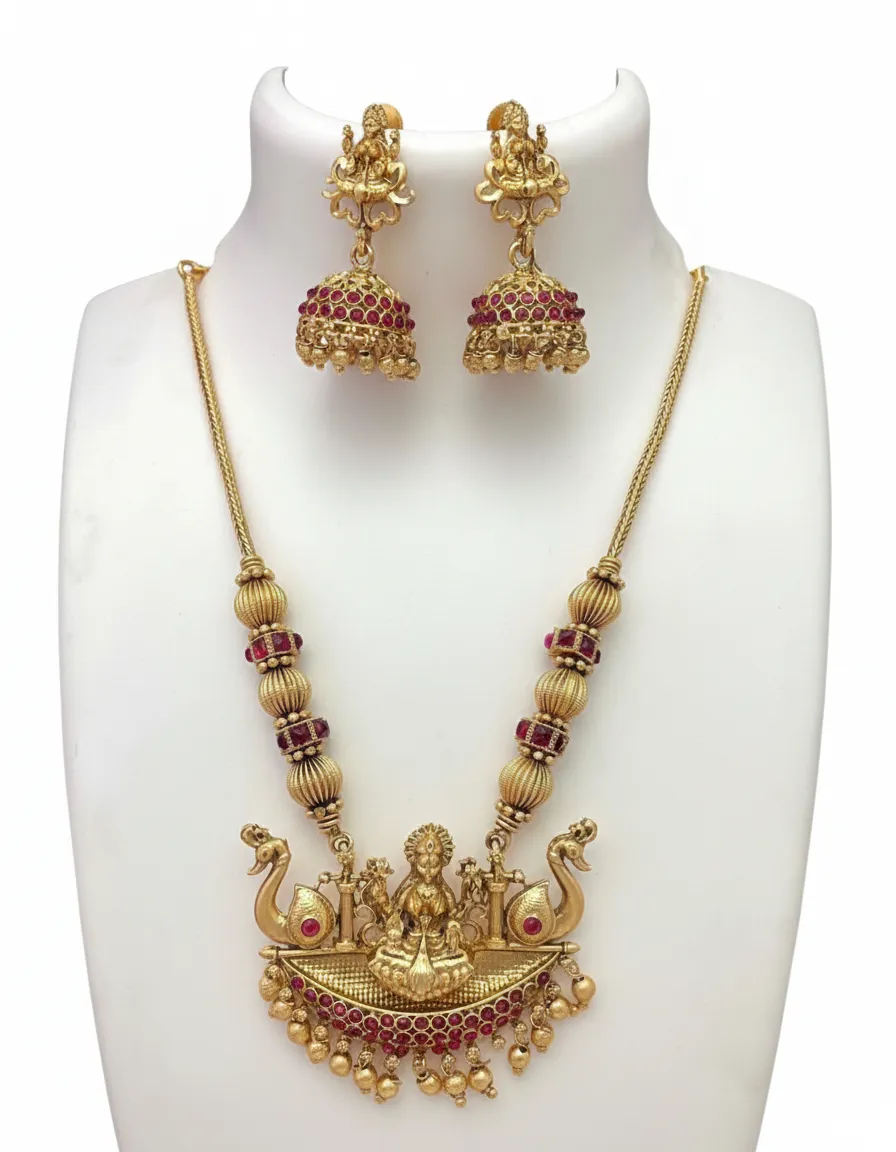Lakshmi Peacock Temple Necklace Set with Ruby red Stone Jhumka Earrings – South Indian Bridal Jewellery