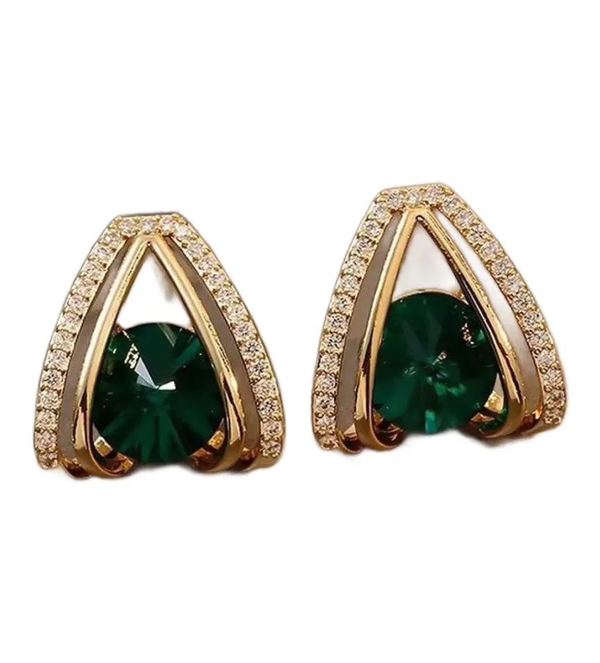 Korean Emerald Glow Geometric Stud Earrings – Luxe Crystal Finish