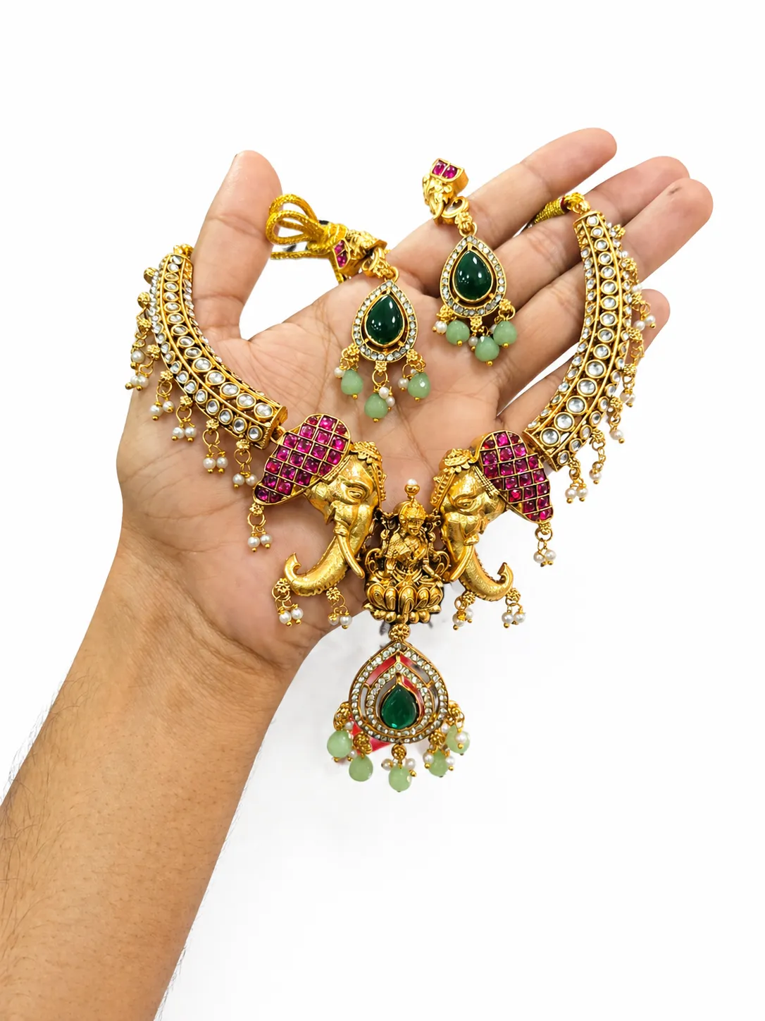Royal Elephant Lakshmi Temple Choker Set with Green Stones & Pearl Drops