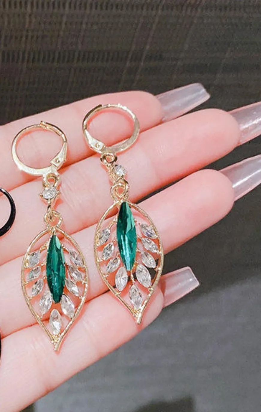 Elegant Green Leaf Crystal Drop Earrings – Gold Hoop Nature-Inspired Statement