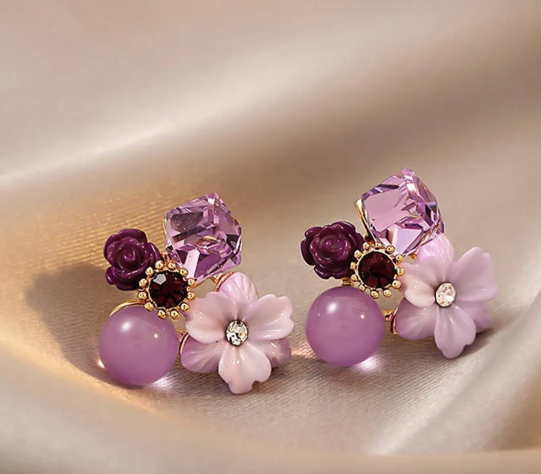 Elegant Floral Crystal Stud Earrings – Korean Style Purple Blossom Statement