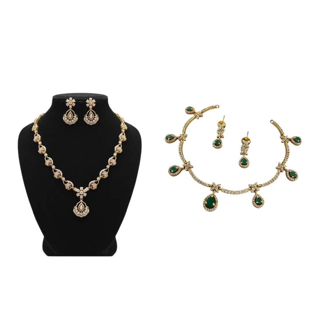 COMBO of White AD stone Necklace set & Green Emerald Stone Necklace Set