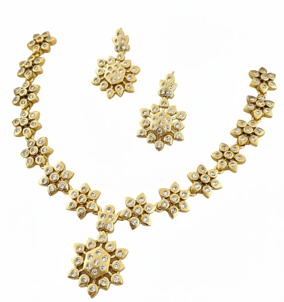 Premium Gold Finish Floral Necklace Set with American Diamonds