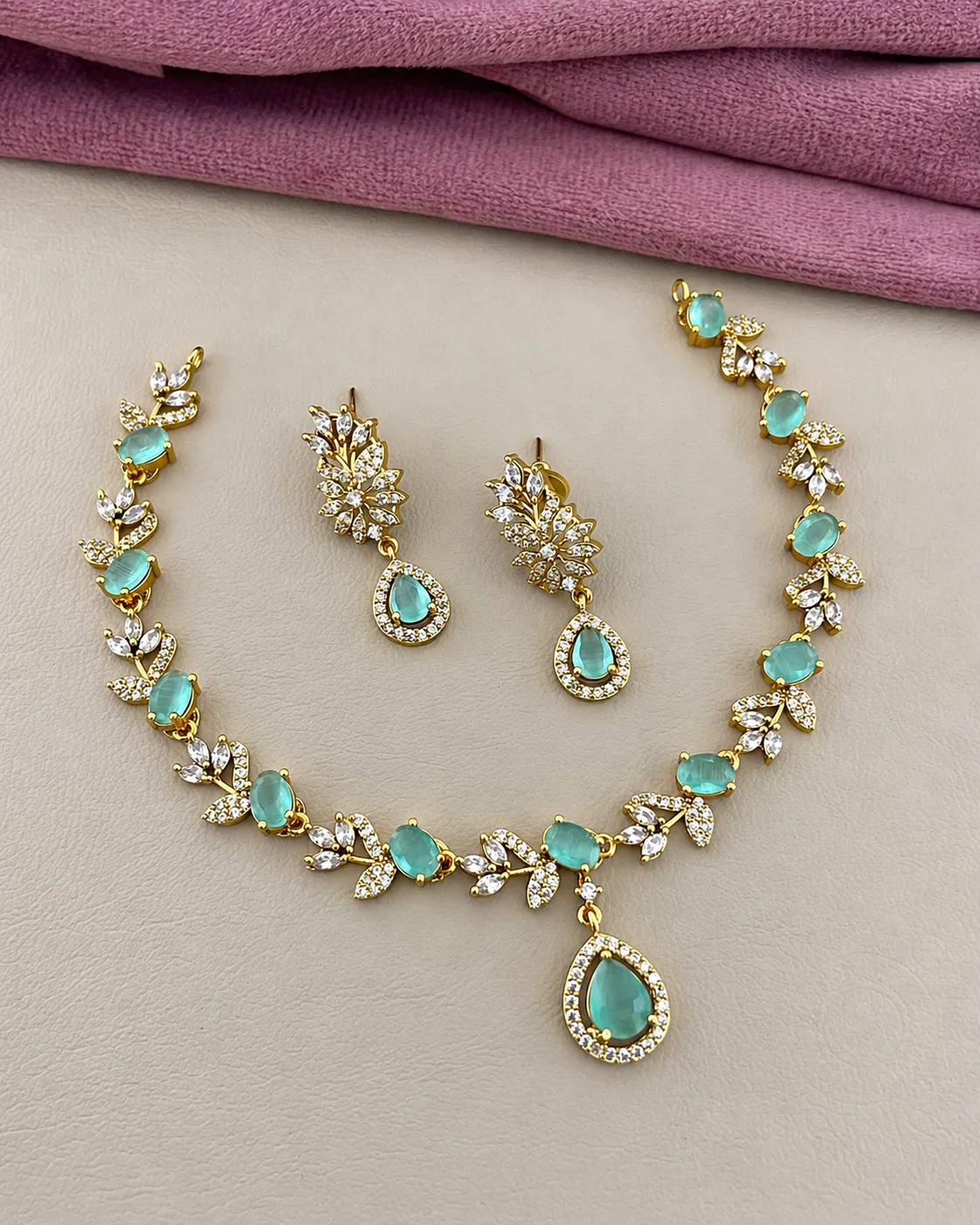 Elegant Aqua Stone Floral Necklace Set with Zircon Teardrop Pendant