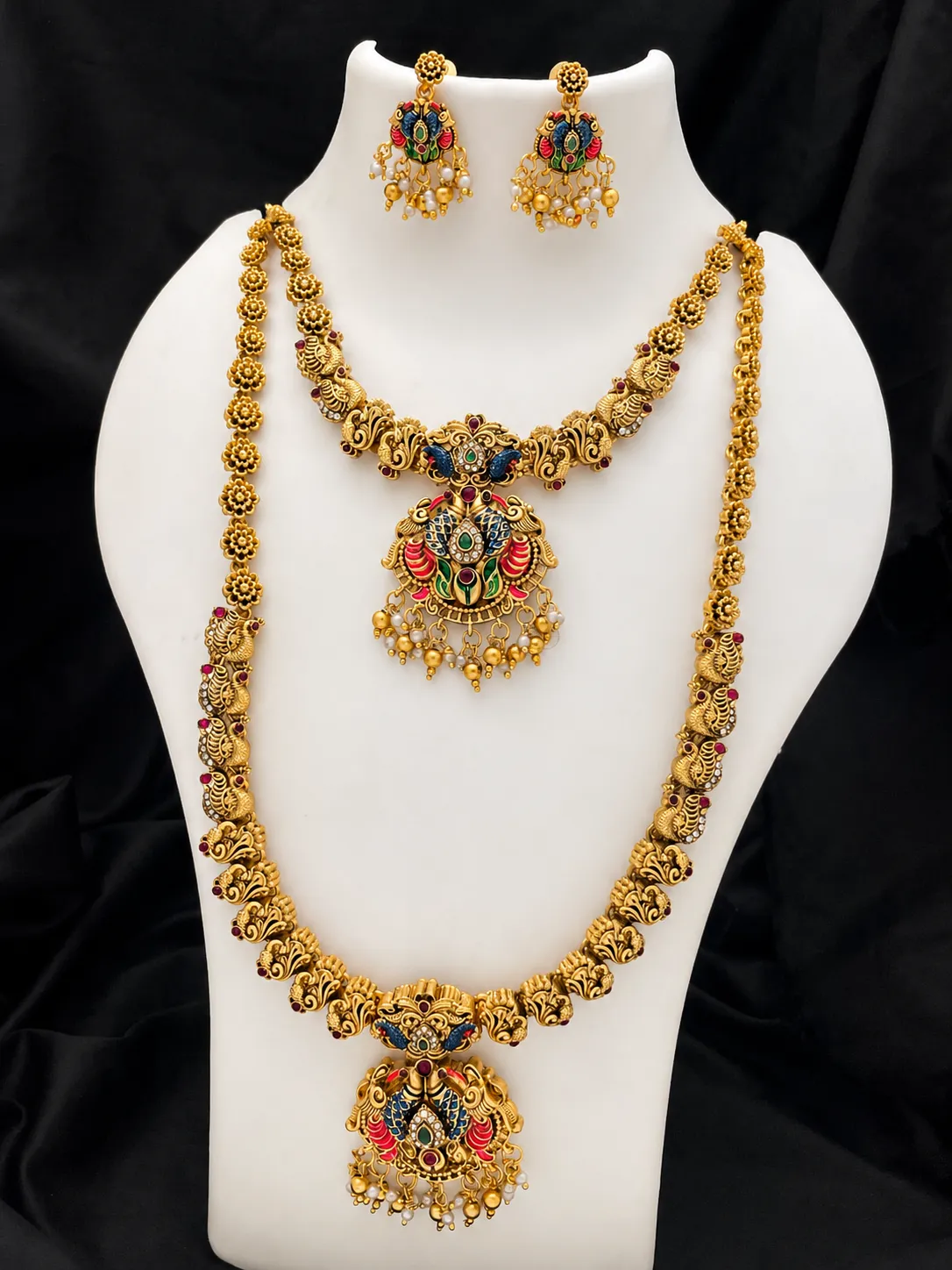 Grand Temple Peacock Bridal Necklace Combo Set with Long Haram & Earrings