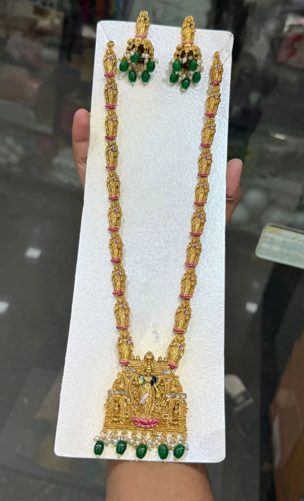 Madurai Meenatchi Haram with Green Beads & Antique Gold Finish