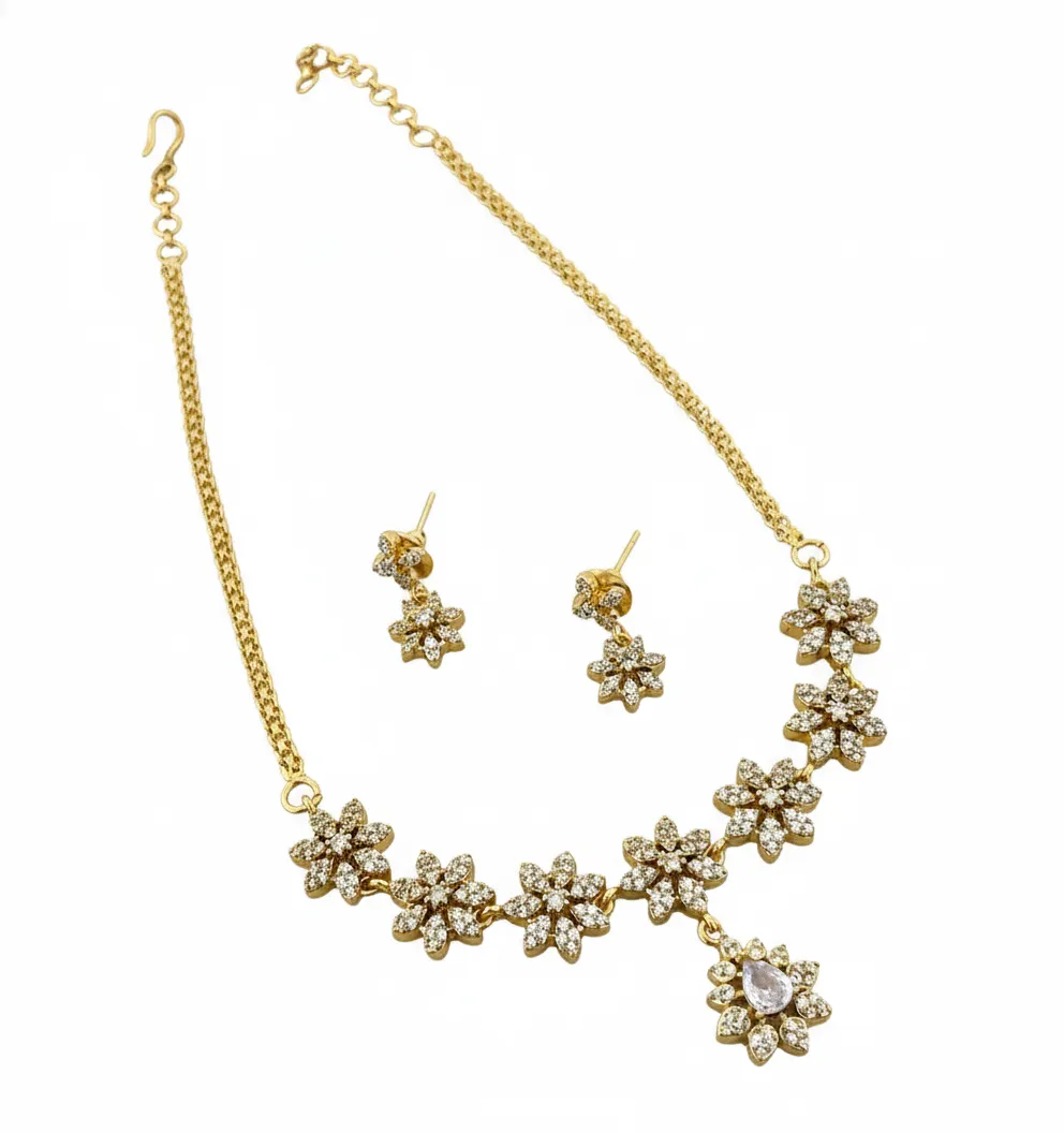 White Floral Stone Necklace Set with Matching Earrings | Elegant Party & Bridal Wear Jewellery