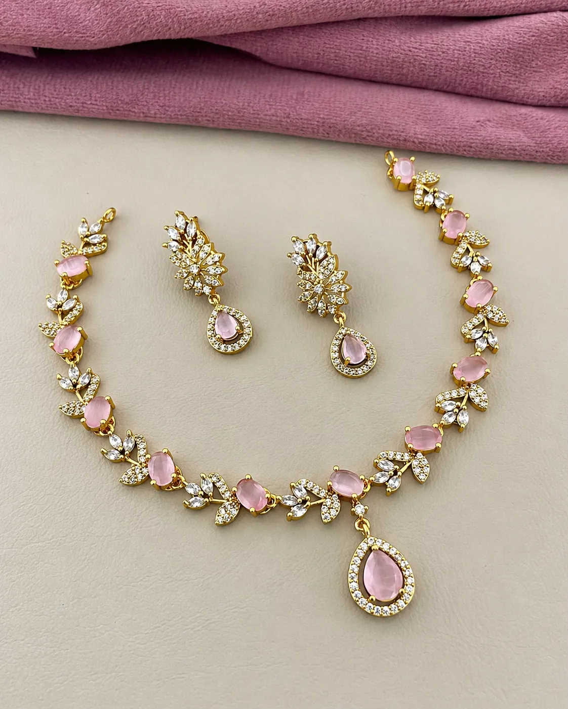 Elegant Pink Crystal Floral Necklace Set with Zircon Teardrop Penda