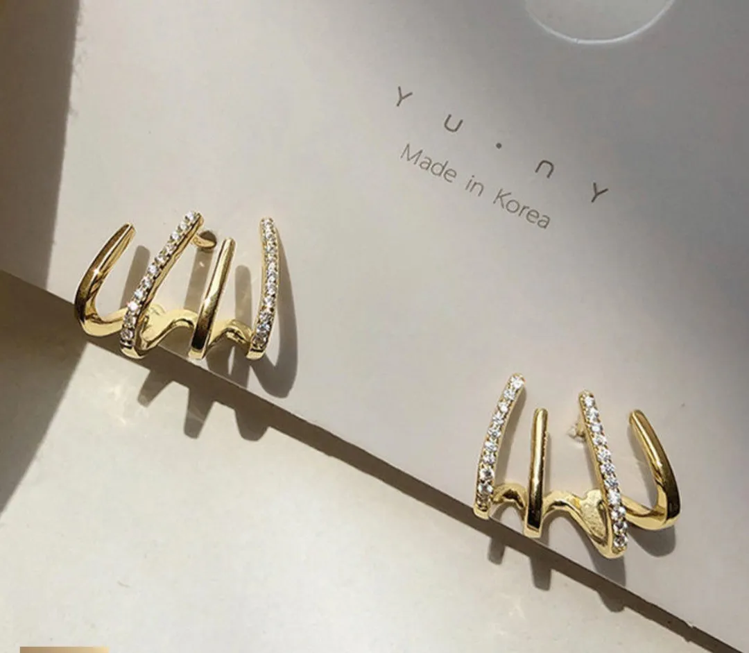 Trendy Multi-Hoop Crystal Ear Cuffs – Gold Stackable Korean Earrings Set