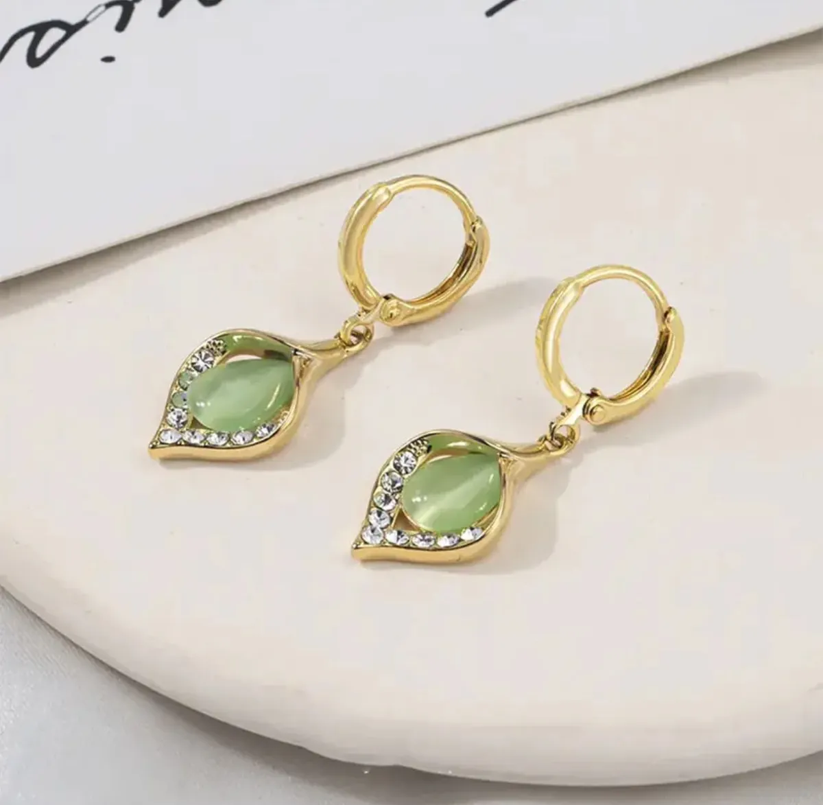 Elegant Green Leaf Crystal Hoop Earrings – Gold Finish Korean Minimal Drop