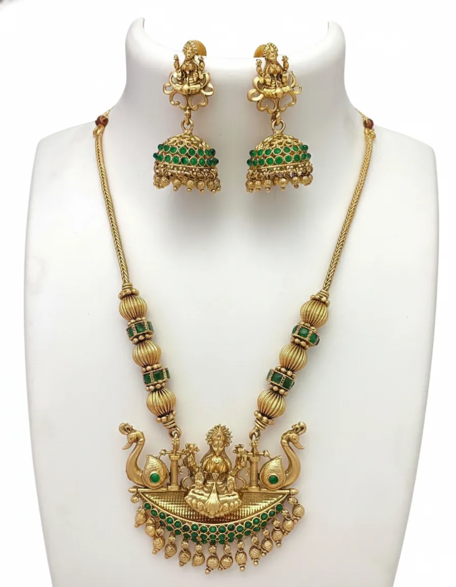 Lakshmi Peacock Temple  Design Short Haram with Green Stone Jhumka Earrings – South Indian Bridal Jewellery