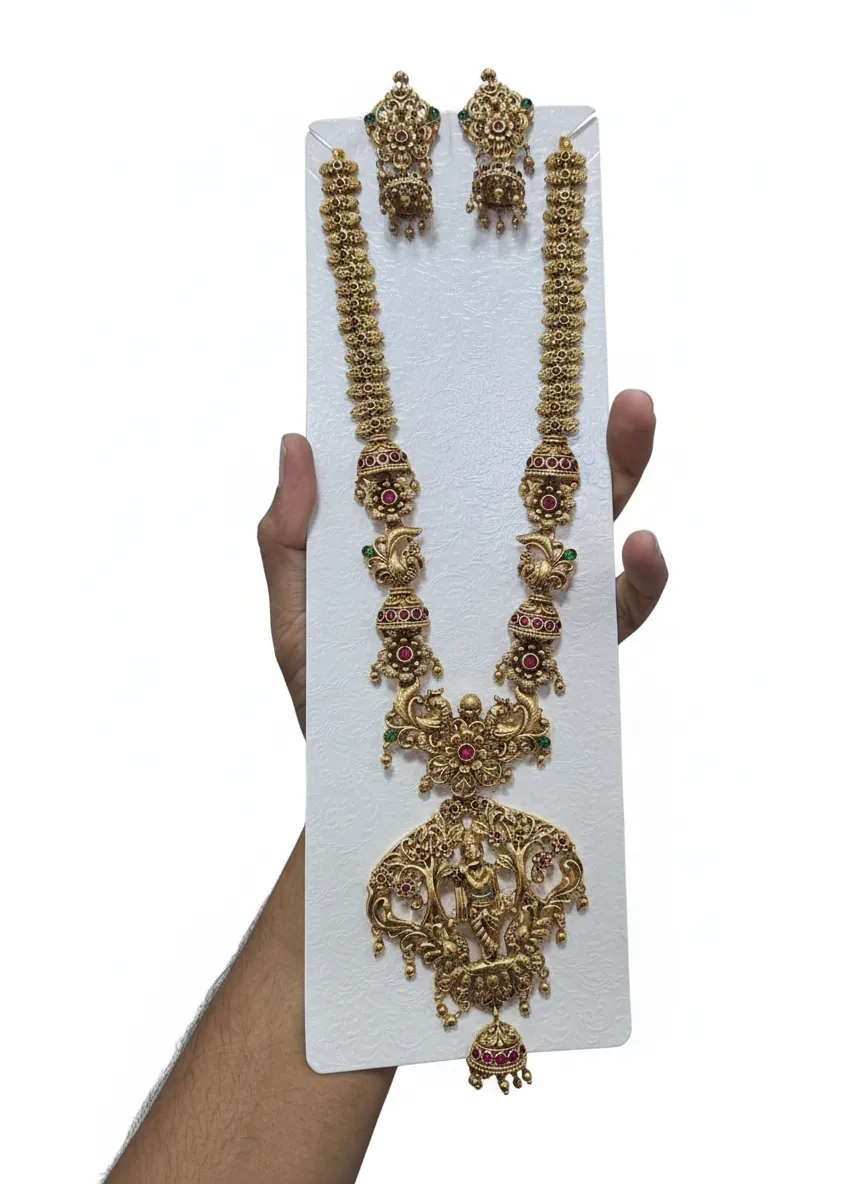 Antique Gold Temple Desigh Haram with Goddess Pendant & Matching Earrings | Traditional Bridal & Wedding Jewellery