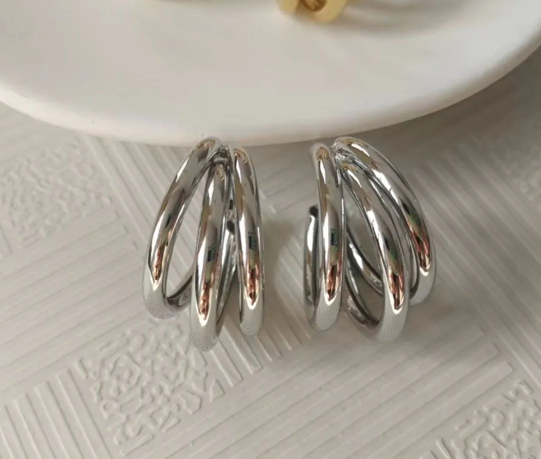 Sleek Triple Hoop Silver Earrings – Modern Chunky Layered Statement Hoops