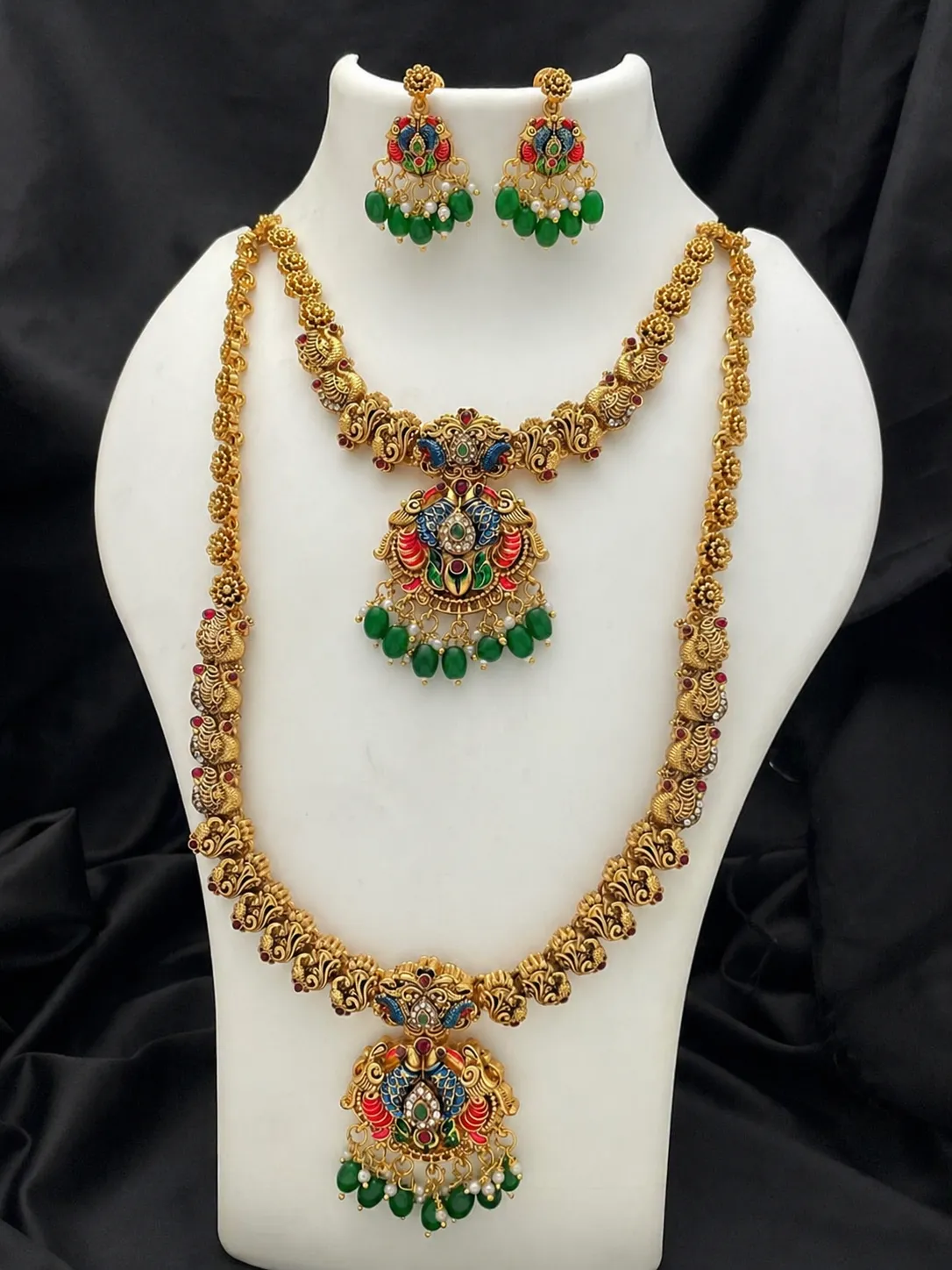Antique Temple Peacock Jewelry Combo Set with Green Beads & Long Haram