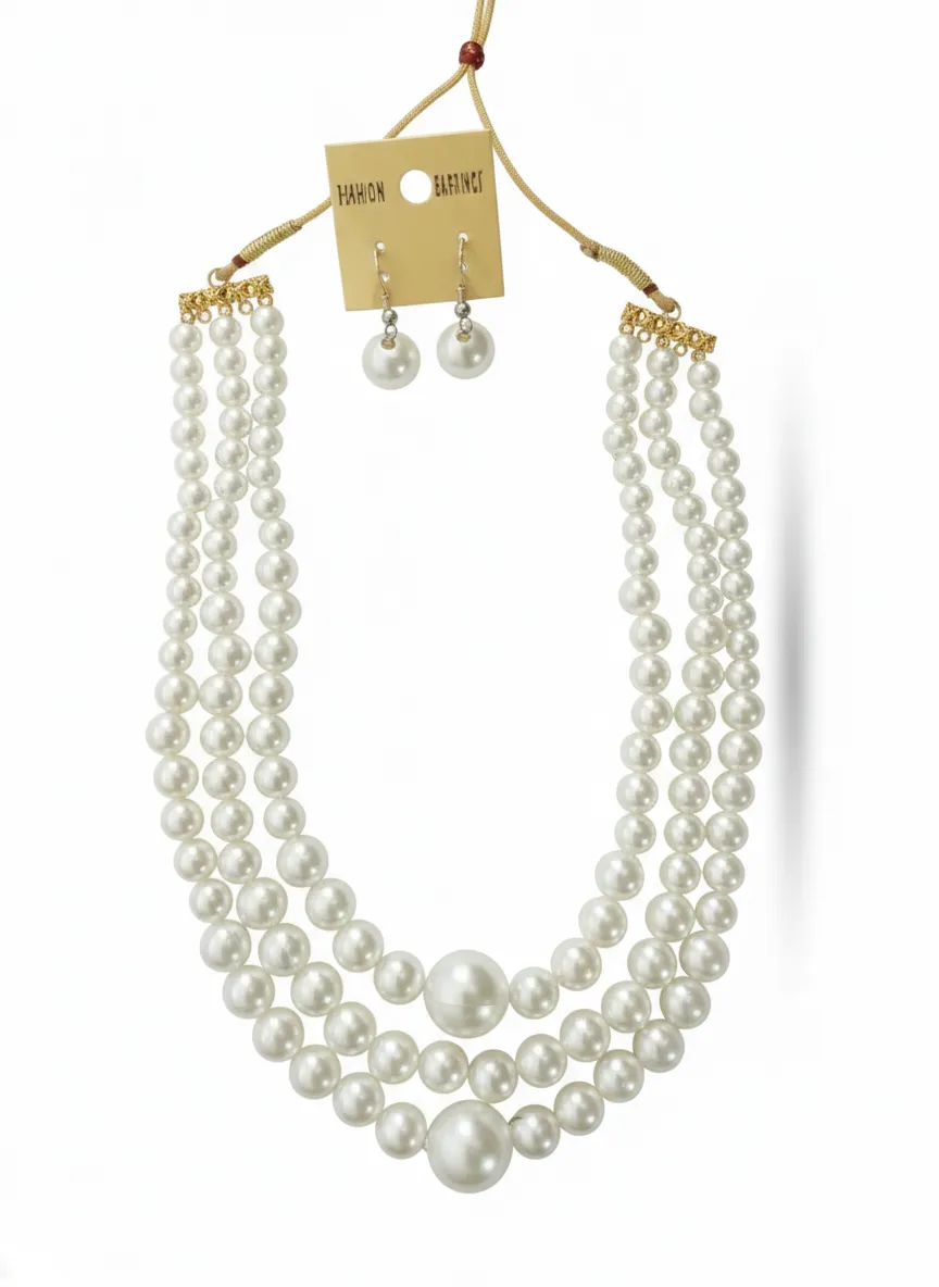 Triple-Layer Faux Pearl Necklace Set with Matching Earrings