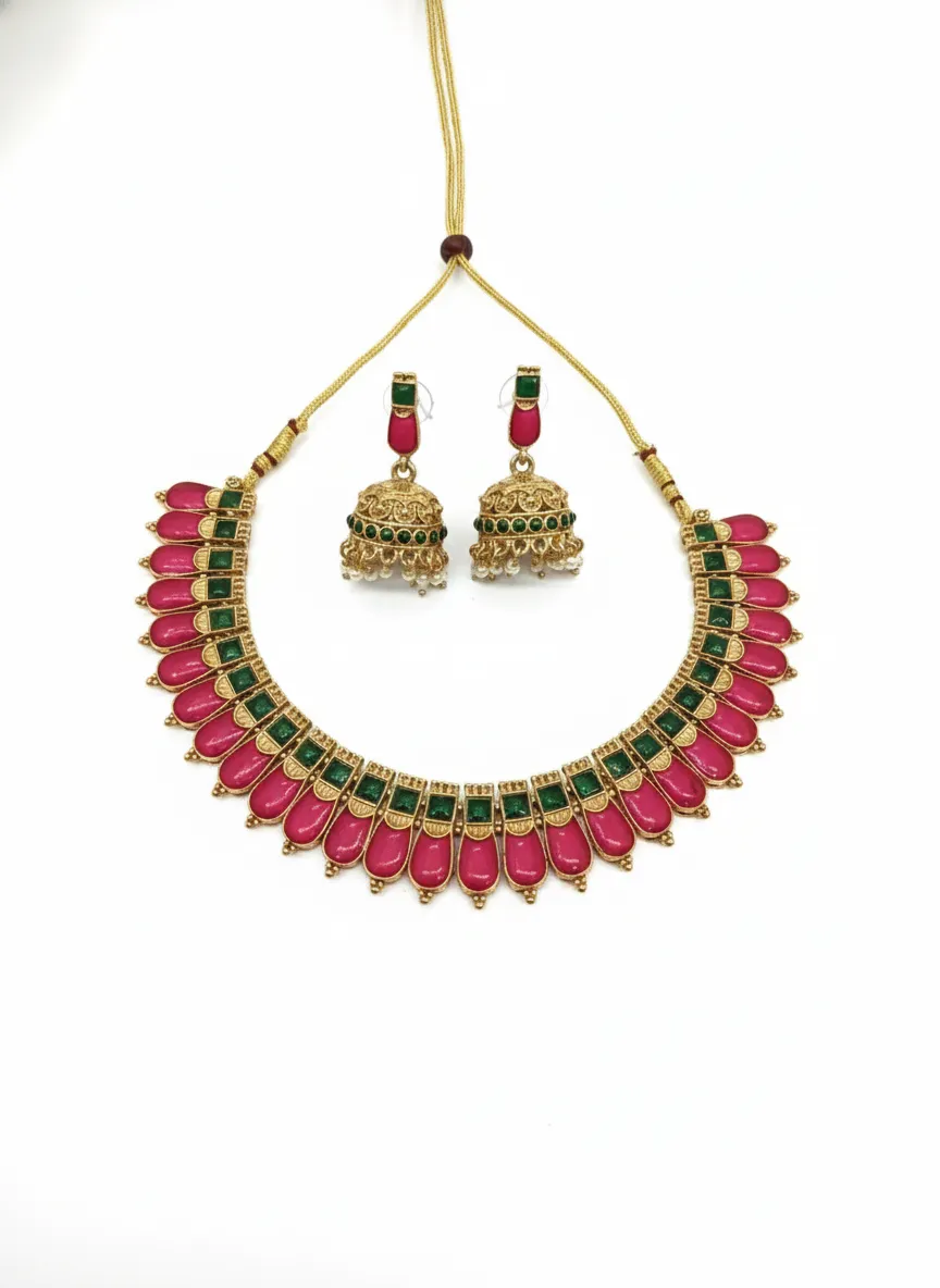 Ruby & Green Palakka Necklace with Matching Earrings