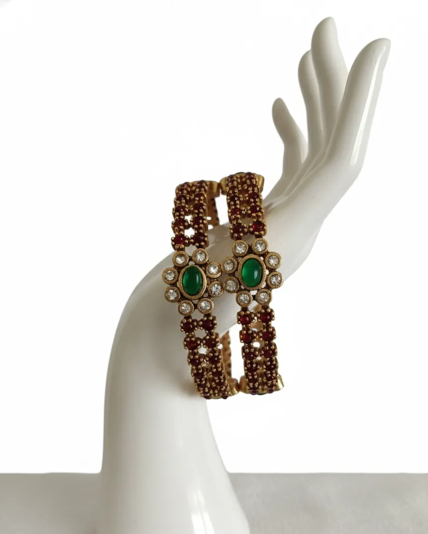 Floral  Stone Antique Bangles – Gold Toned with Ruby & White Stones (Pair)