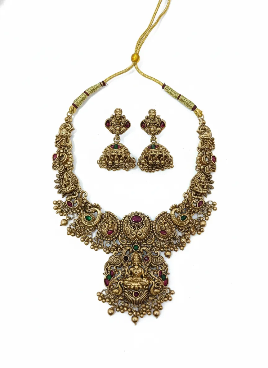 Antique Temple Necklace Set with Ruby, Green stones & Gold toned beads