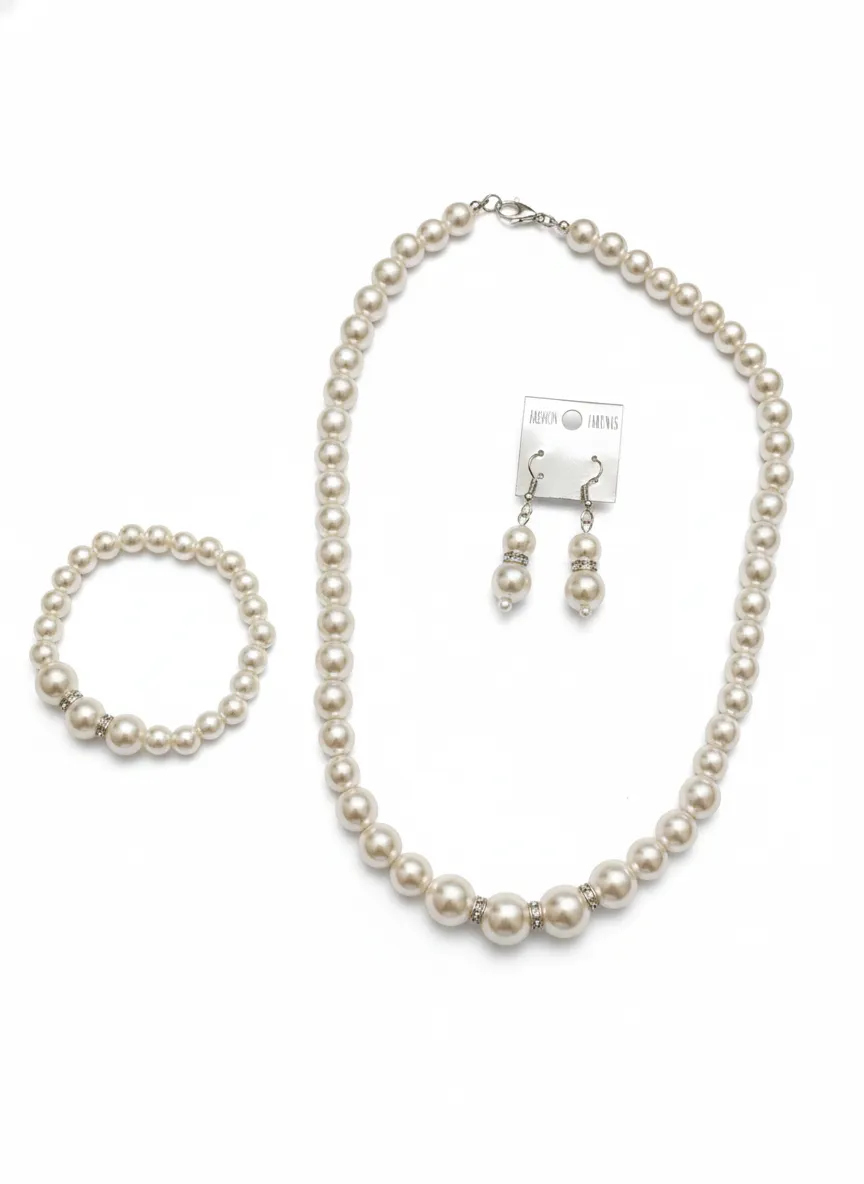 White Faux Pearl Jewelry Combo Set – Necklace, Bracelet & Earrings