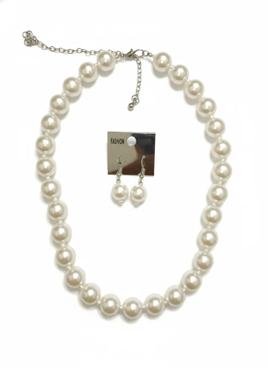 White Faux Pearl Necklace & Earring Set for Women