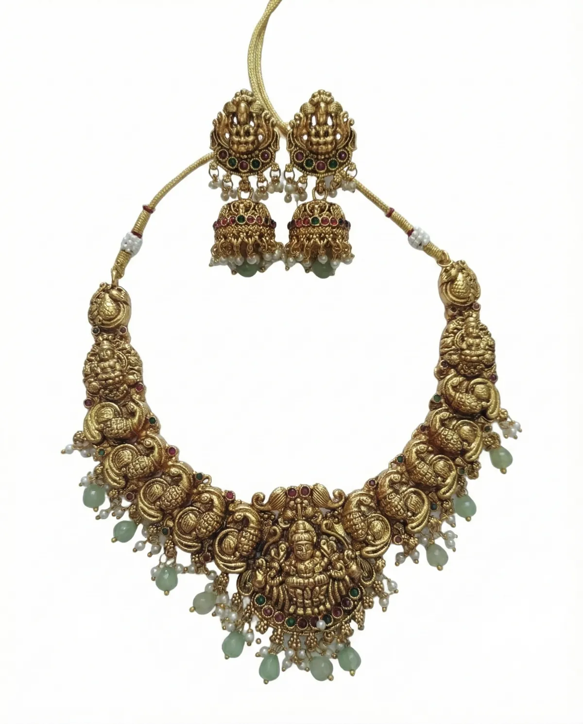 Temple Necklace Set with Pastel Green Beads