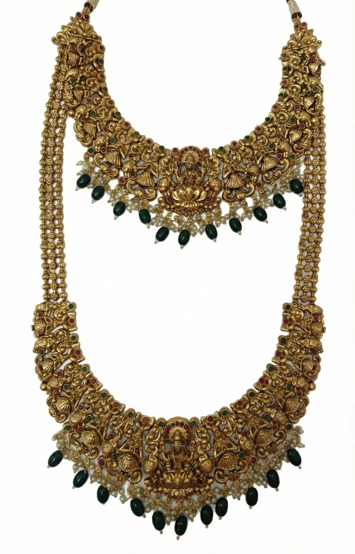Grand Temple Lakshmi Bridal Necklace & Haram Combo – Matte Antique Gold Toned