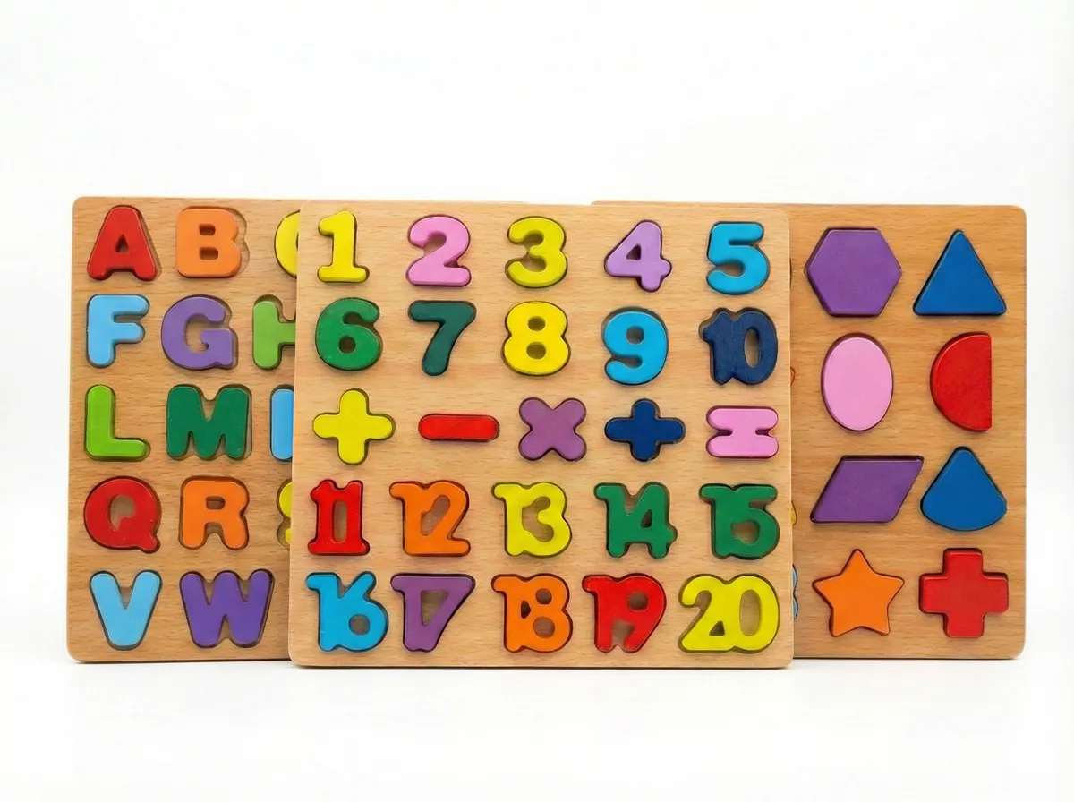Premium Wooden Learning Puzzle Combo – Alphabets A-Z + Numbers 1-20 + Shapes
